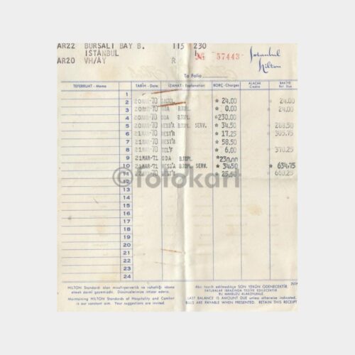 1970 İstanbul Hilton Oteli Faturası