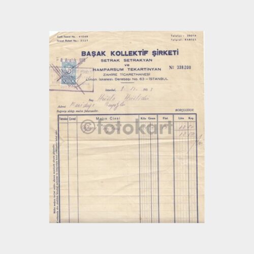 1953 Haliç Limon İskelesi Zahire Faturası