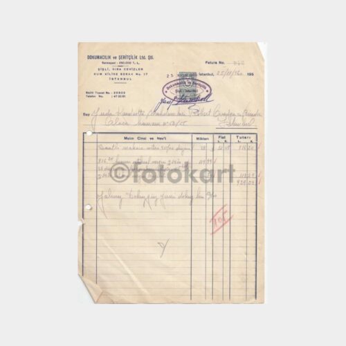1960 Dokuma Şerit -Şişli Şirketi- Faturası