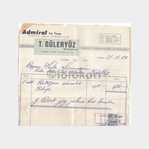 1964 Beyoğlu Güleryüz Müessese Faturası