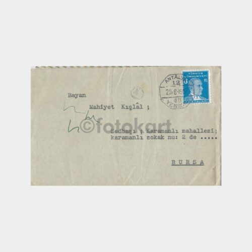 1937 Antalya 12 Yenikapı Posta Damgalı Zarf