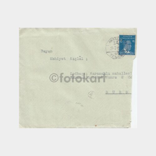 1937 Antalya 45 Yenikapı Posta Damgalı Zarf