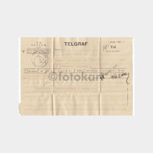1952 Erzincan Posta Damgalı Telgraf Kağıdı