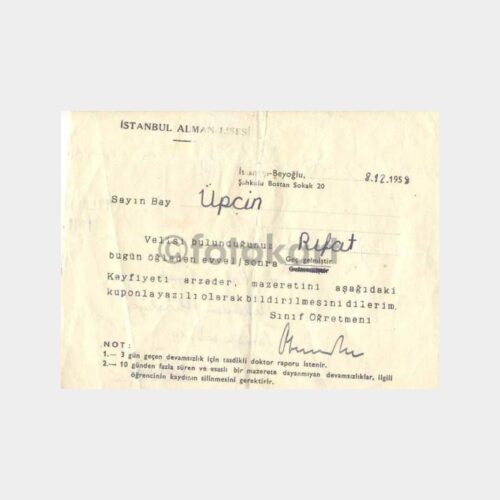 1958 Alman Lisesi - Veli Bildirim Kağıdı