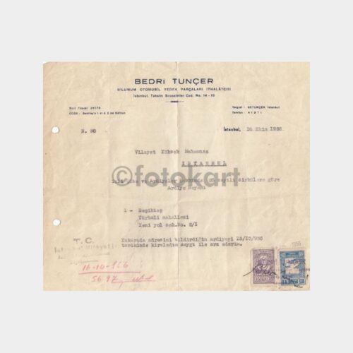 1956 Beyoğlu Bedri Tunçer Oto Yedek Yazısı