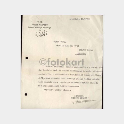 1938 Maliye Vekaleti Döviz Yasağı Yazısı