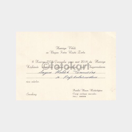 1958 Hariciye Vekili Fatin Rüştü Zorlu Yemek Davetiyesi