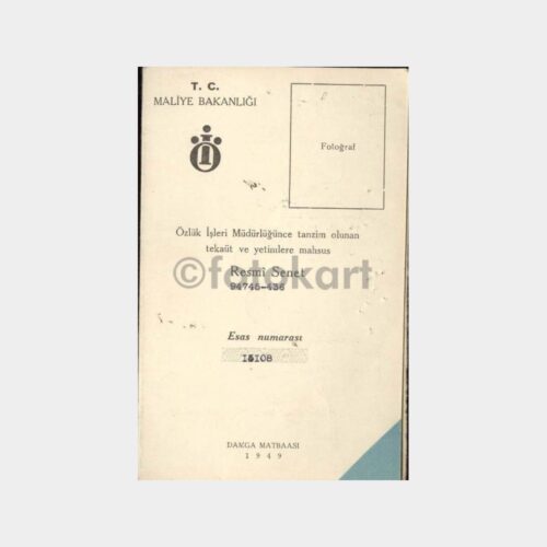 1960 Maliye Bakanlığı Resmi Senet Kartı