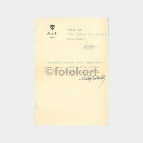 1930 Maliye Vekili Tebrik Mektubu