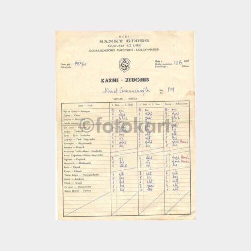 1959-1960 Sankt Georg Avusturya Kız Lisesi Karnesi