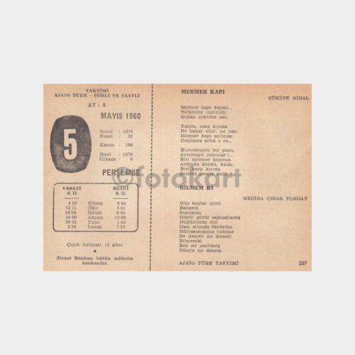 1960 Mayıs 5 - Ajans Türk Şiirli Takvim Yaprağı