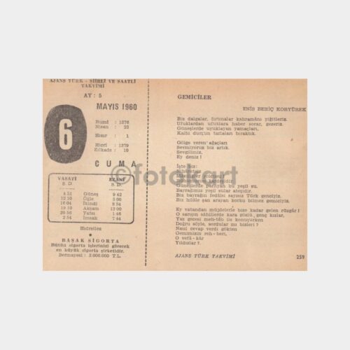 1960 Mayıs 6 - Ajans Türk Şiirli Takvim Yaprağı