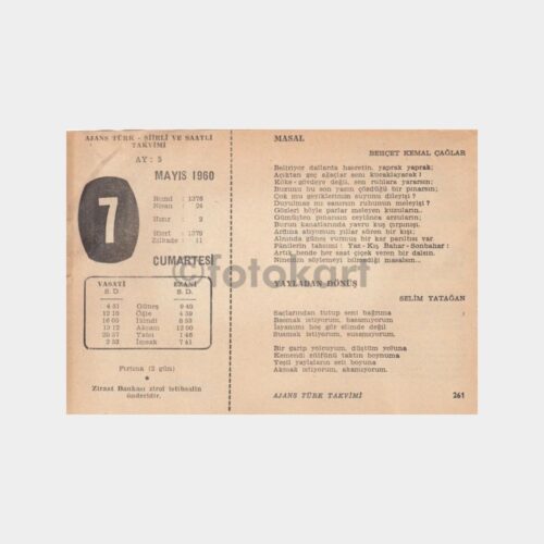 1960 Mayıs 7 - Ajans Türk Şiirli Takvim Yaprağı