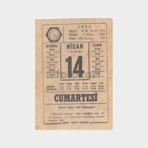 1973 - 14 Nisan Eski Takvim Yaprak Sayfası