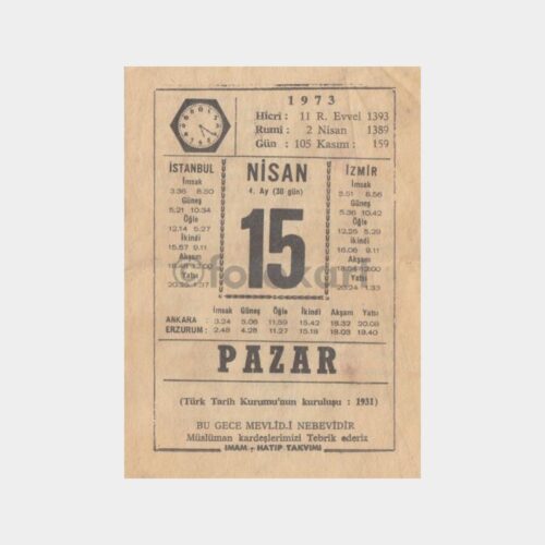 1973 - 15 Nisan Eski Takvim Yaprak Sayfası