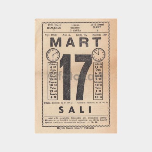 1959 Mart 17 - Büyük Saatli Maarif Takvimi Yaprağı