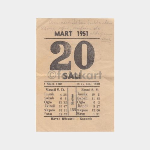 1951 Mart 20 - Takvim Yaprağı