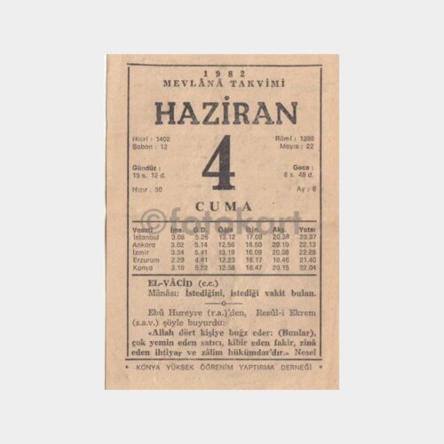 1982 Haziran 4 - Mevlana Takvim Yaprağı