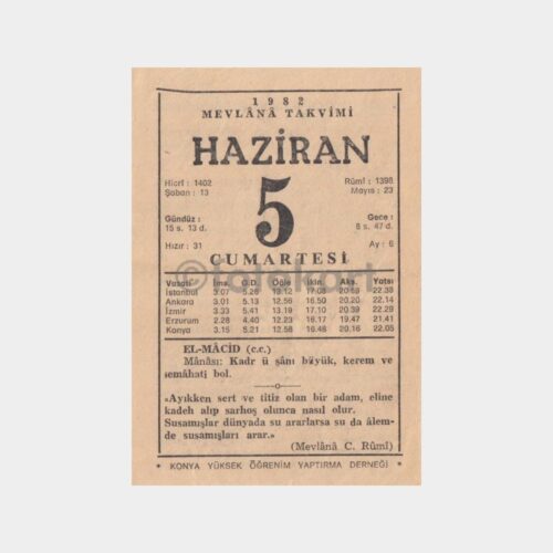 1982 Haziran 5 - Mevlana Takvim Yaprağı