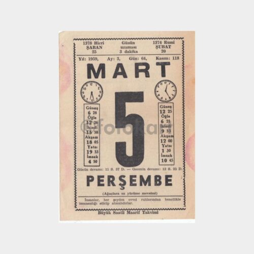 1959 Mart 5 - Büyük Saatli Maarif Takvimi Yaprağı