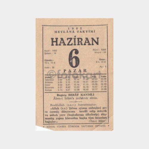 1982 Haziran 6 - Mevlana Takvim Yaprağı