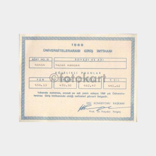 1969 Üniversiteler Arası Giriş İmtihanı Kartı