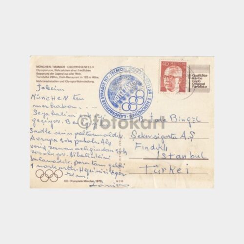 1972 Münih Olimpiyatları Damgalı Posta Kartı